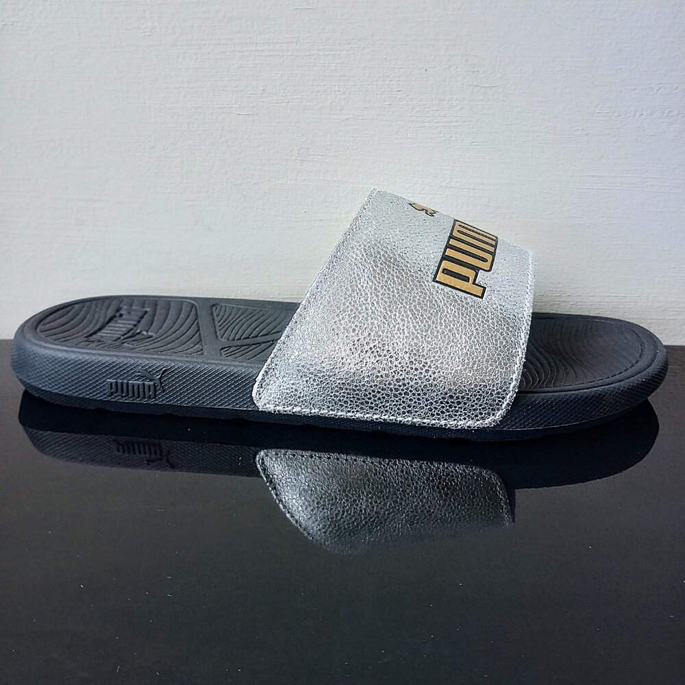 Puma Men's Cool Cat 2.0 Slide Soft Leather Sandal in Gorgeous Silver/Gold/Black